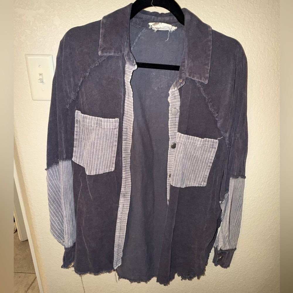 Distressed Layered-Look Button Front Shirt Jacket in Charcoal and Light Gray